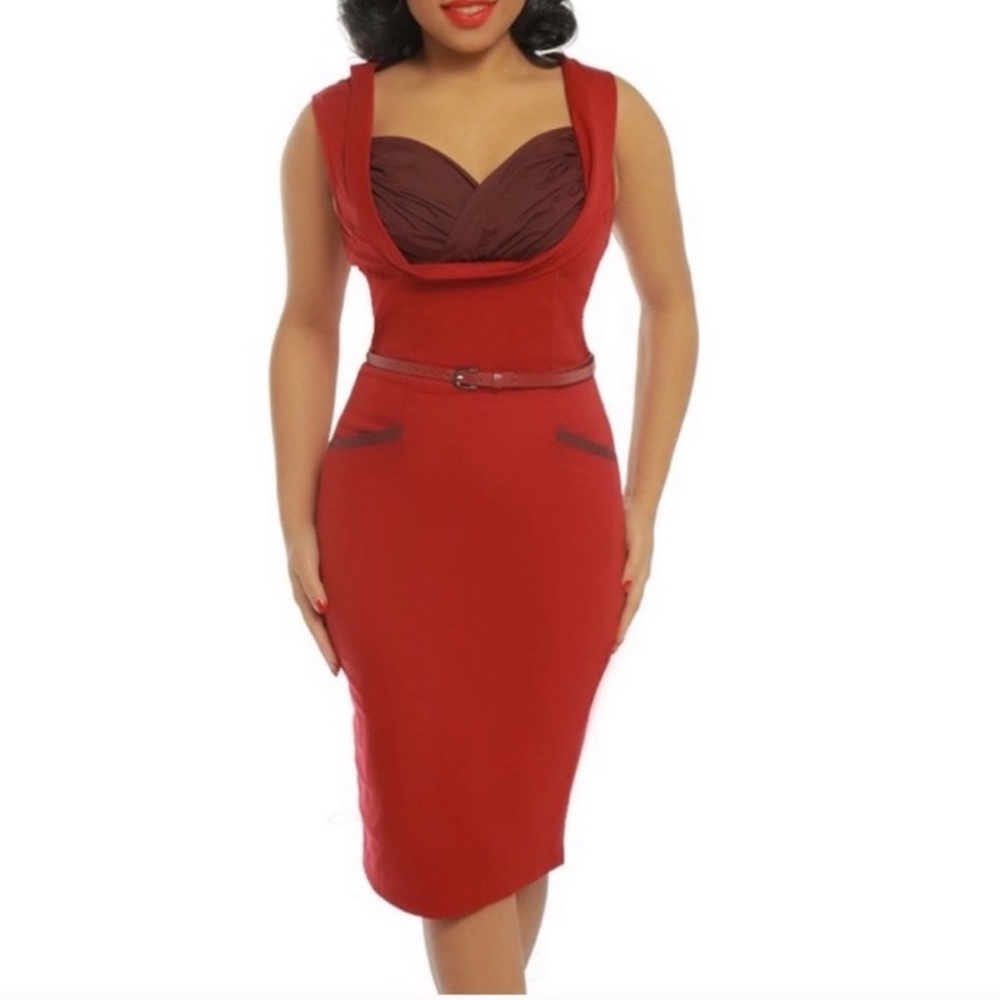 Lindy Bop Red and Brown Midi Dress